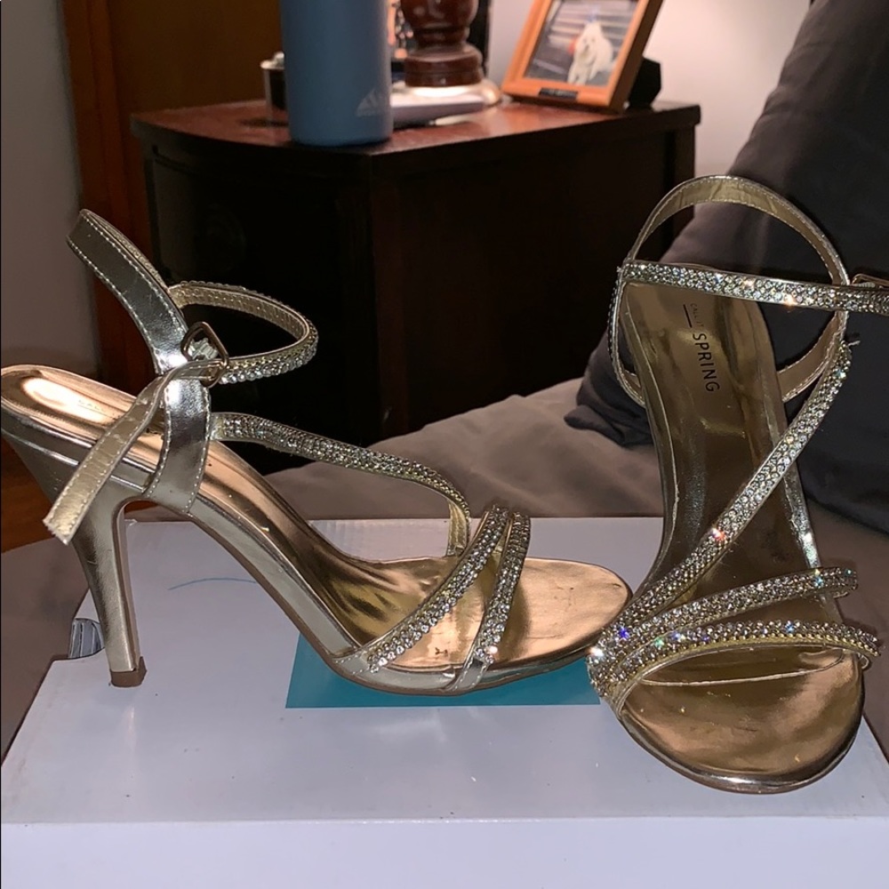 Gold strap open heels with gems
